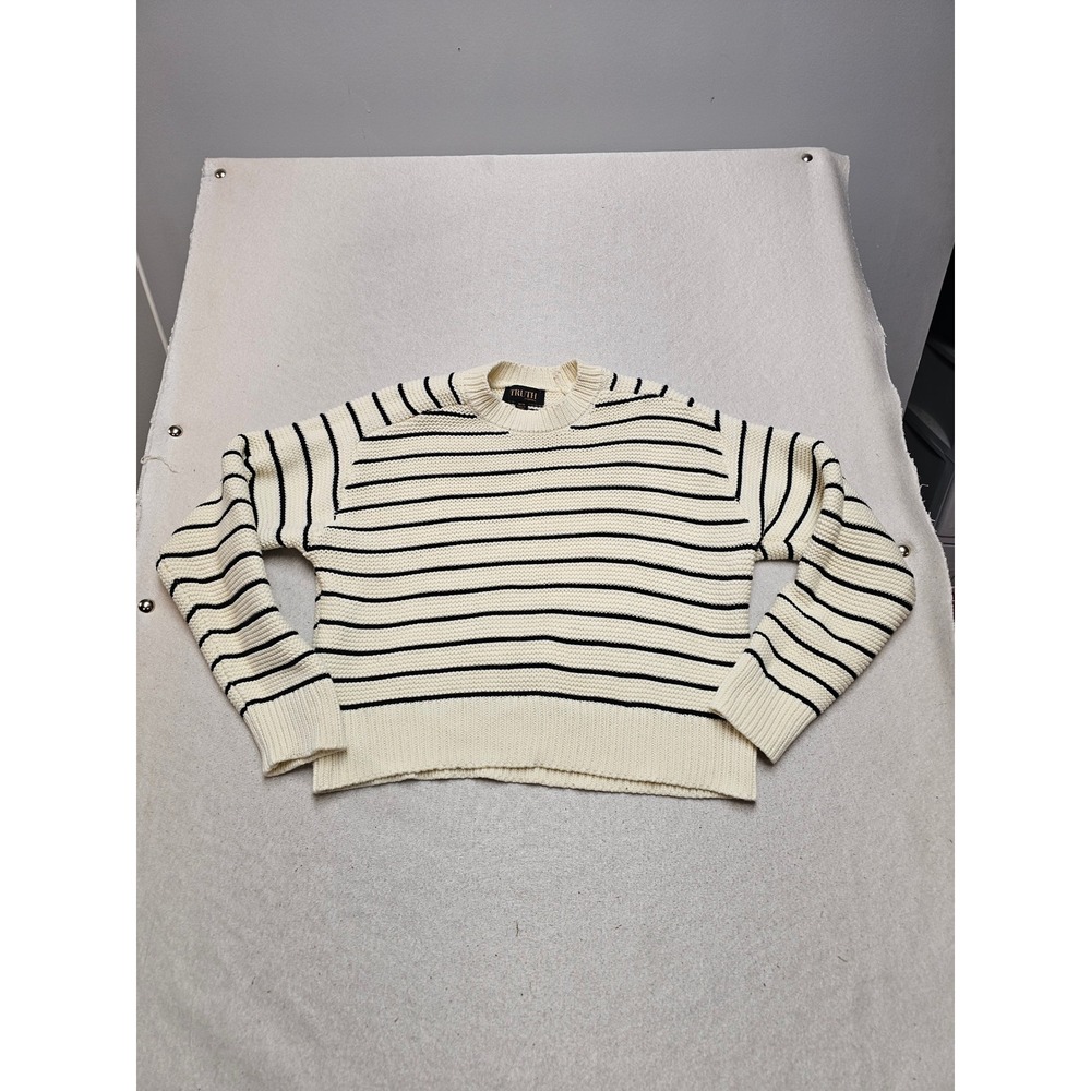 Truth by Republic Womens Striped Knit Sweater Cream Navy Blue Size M